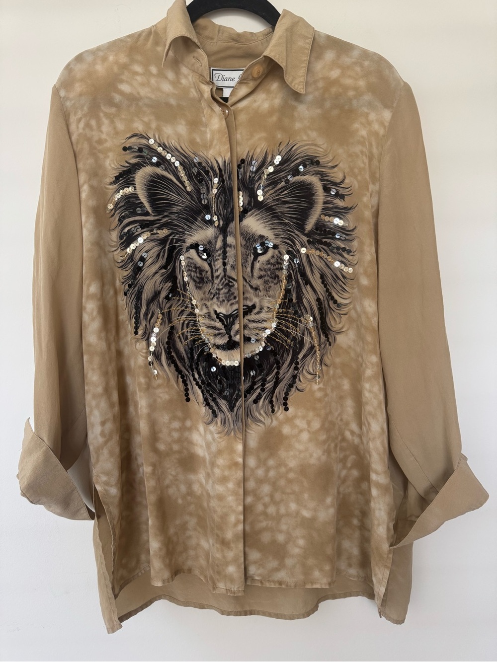 Diane Gilman 100% Silk Beige Lion Print Sequined Vintage Art To Wear Sz L